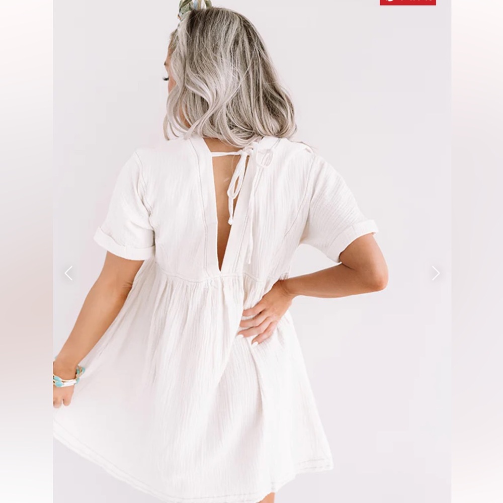 Pink Lily Beach Boho Cream Double Gauze Babydoll Mini Dress w/ Pockets sz L